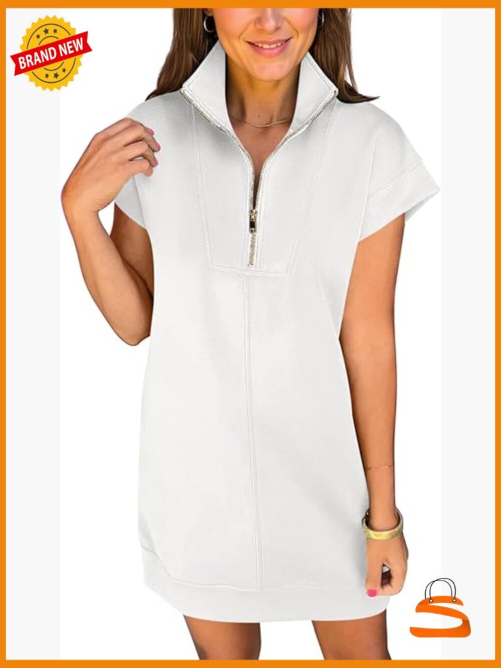 Women's Casual Half Zip Cap Sleeve Tshirt Dress Wrinkle-Free Mini